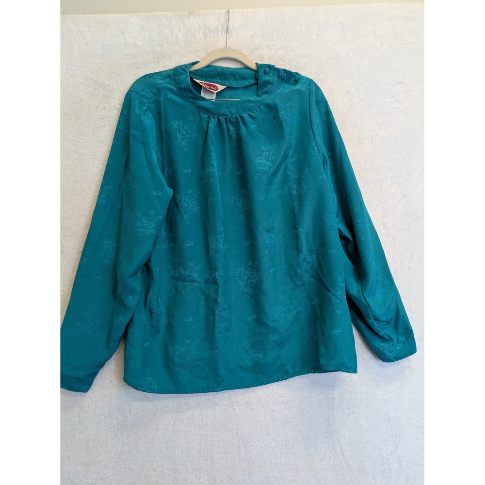 Ashley Hall Women's Teal Jacquard Floral‎ Mock Neck Long Sleeve Blouse Size 12
